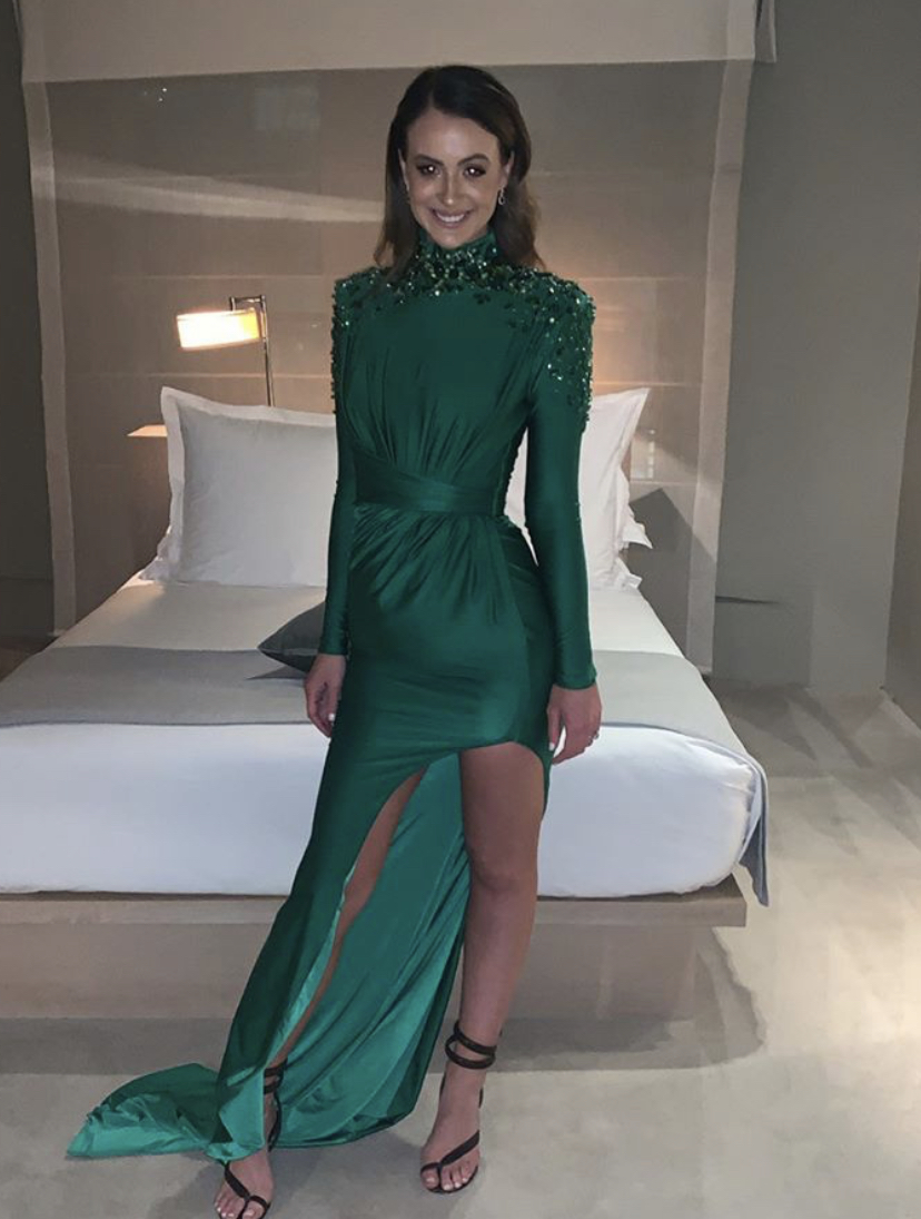 Albina Dyla Green Embellished Neck Line Gown - Dresses 4 Hire