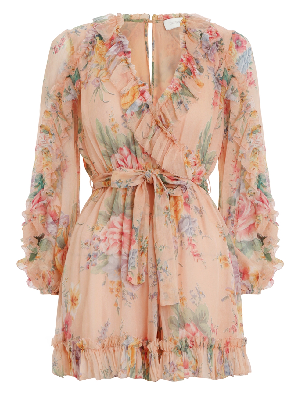 Zimmermann Plunge Ruffle Coral Floral Playsuit - Dresses 4 Hire