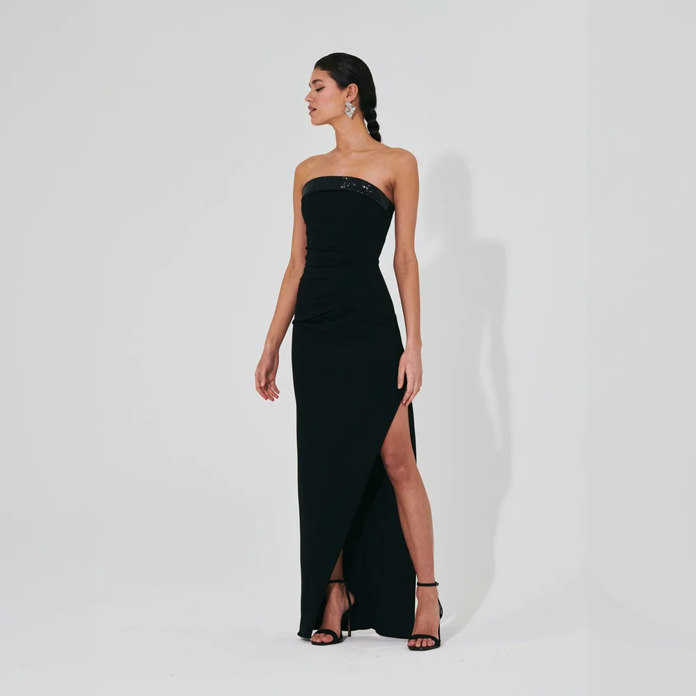 Meraki Crescent Sequin Paneled Strapless Gown- Black - Dresses 4 Hire