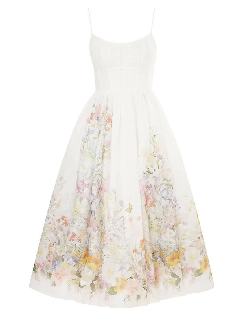 Zimmermann Natura Ruched Midi Dress - Ivory Wild Flowers - Dresses 4 Hire